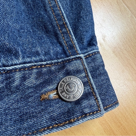 True Religion Men’s Blue Denim Trucker Hoodie Jacket Large - Picture 6 of 11